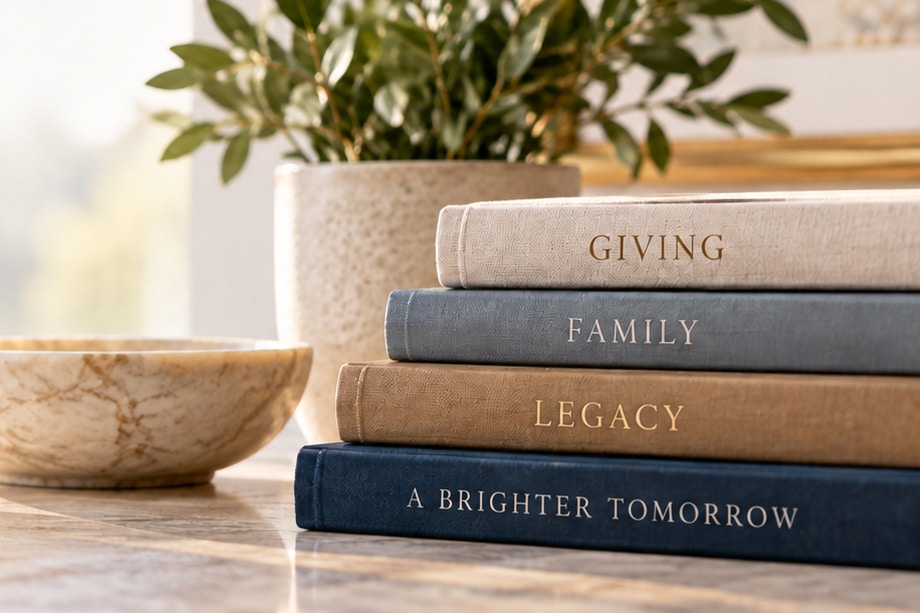 stack of books on family, giving and legacy