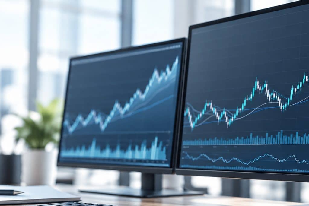 two computer monitors in an office showing charts and graphs